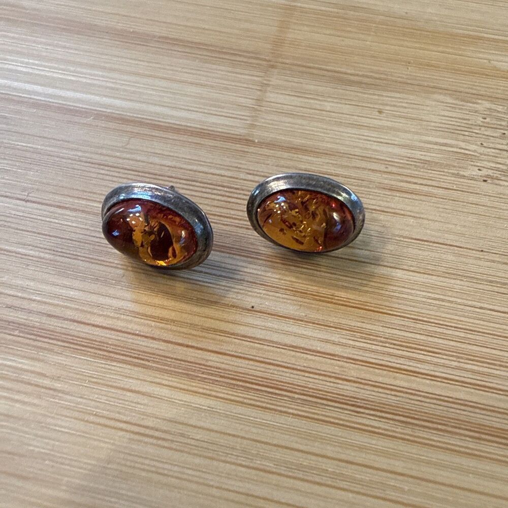 Amber Stone Stud Oval Earrings On Silver Vintage Unbranded